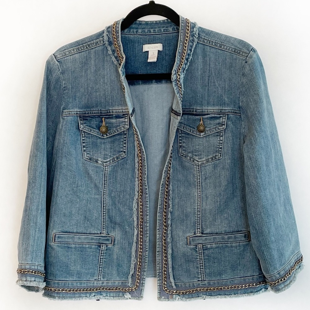 Chico’s Denim Jeans Jacket with Gold Chain Link Accent